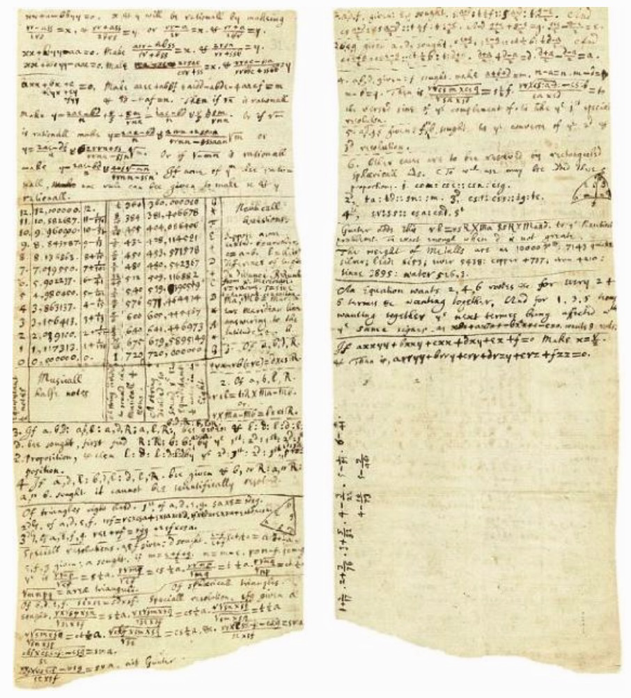 这两页纸选自牛顿17世纪60年代中晚期的笔记本，展露了牛顿的早期数学思想。这些思想最终发展为他的微积分理论。他详尽的笔记和计算有时会写在必须重加装订的小纸片上。